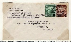 BARBADOS First Flight Cover ST LUCIA FFC 1943 Castries BWIA Air WW2 CENSOR EP520