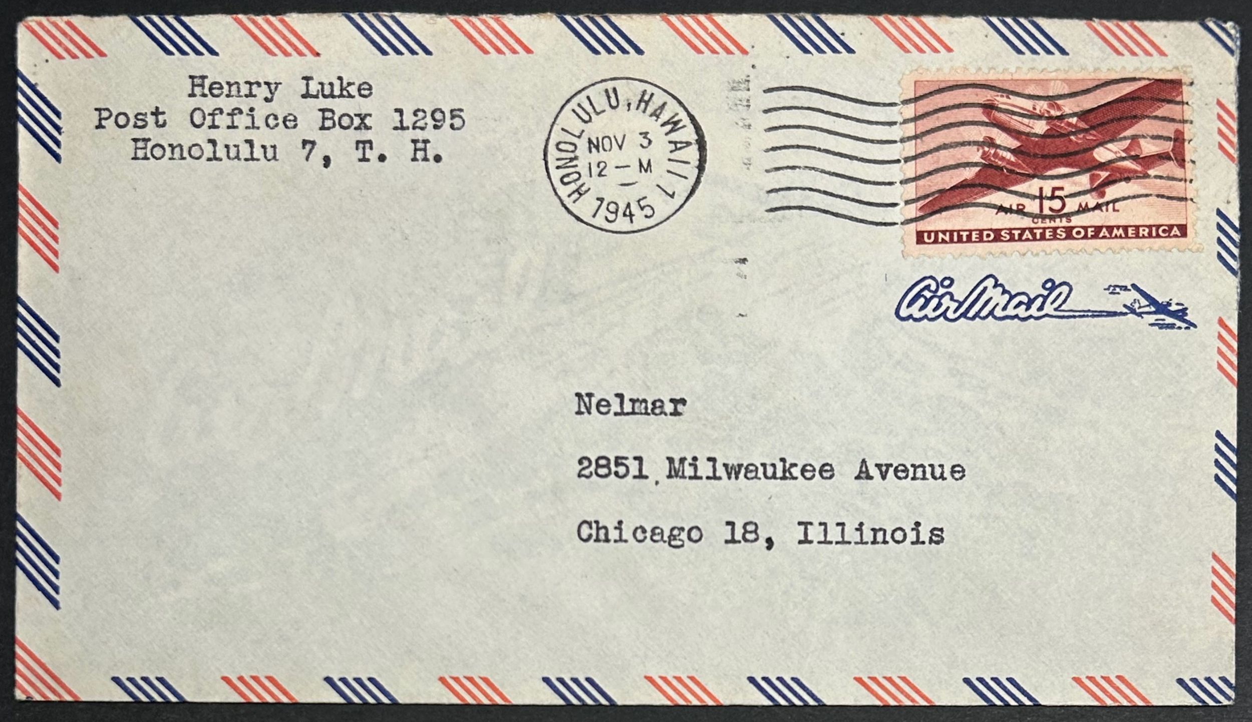USA, 1945, SC# C28, Air Mail Cover, Postmarked Nov 3rd, Honolulu Hawaii ...