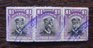 Southern Rhodesia 1913 £1 Revenue in strip of 3 used