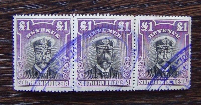 Southern Rhodesia 1913 £1 Revenue in strip of 3 used