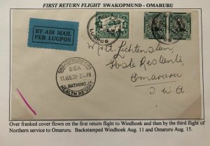 1931 Swakopmund South West Africa First Return Flight Cover FFC To Omaruru