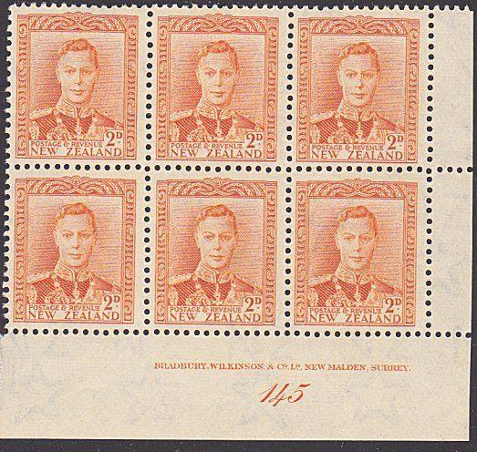 NEW ZEALAND GVI 2d plate block # 145 MNH....................................4147