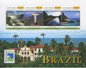 Union Island 2013 - Sites and Scenes of Brazil - Sheet of 4 Stamps - MNH