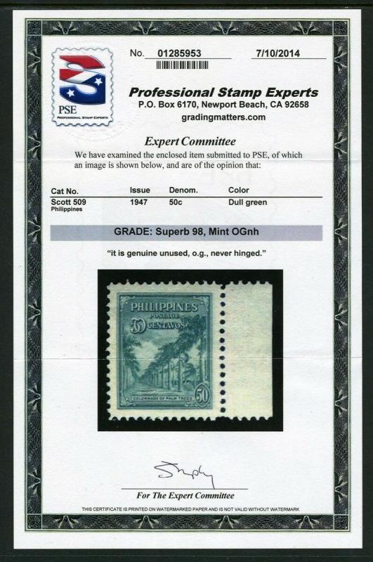 PI #509 50c (Tree) Issue with PSE CERT - Grade 98 (SUPERB)