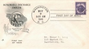 1946 - Honorable Discharge Emblem FDC - Typed - Single - Cachet - F383