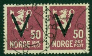 NORWAY #218 (277), 50ore V-Ovpt, used PAIR, VF and scarce multiple, Scott $1,500