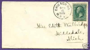 #147  CHICAGO - 1877 LADIES SIZE US POSTAL HISTORY COVER