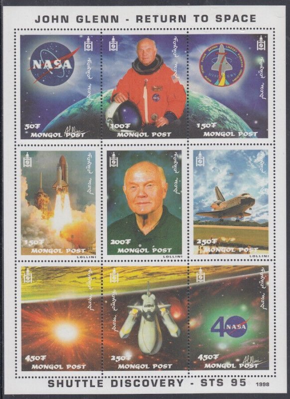 MONGOLIA Sc # 2356  SINGLE SHEETLET of 9 JOHN GLENN RETURNS to SPACE