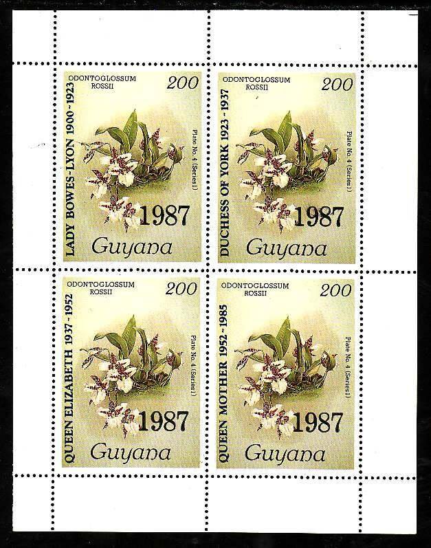 Guyana-Sc#1774-5- id9-two unused NH sheets-Flowers-Orchids-Queen Mother-1987-