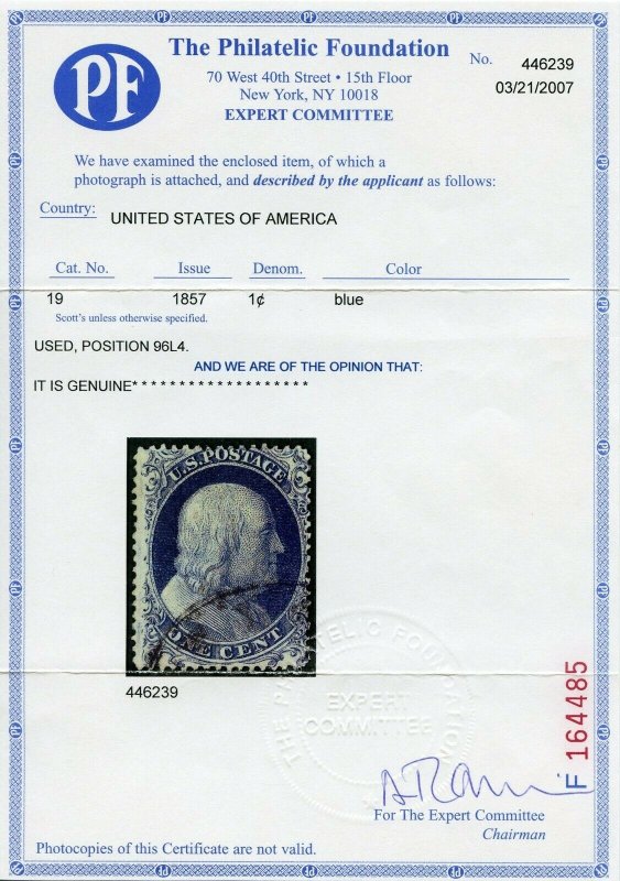 US SCOTT #19 USED-FINE POS. 96L4 W/ PF CERT FACE FREE CANCEL (4/23/21 GP)