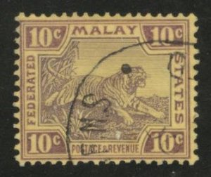 Malaya Scott 64 wmk 4  used 10c violet on yellowish  paper Tiger stamp