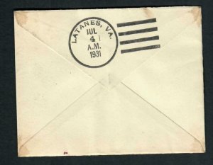 WC2  Cover Patria Pater Washington 3 cent # 65 Latanes, Va. July 4 1931