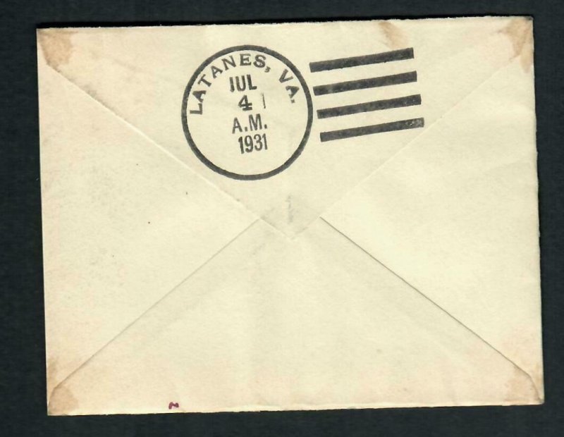 WC2  Cover Patria Pater Washington 3 cent # 65 Latanes, Va. July 4 1931