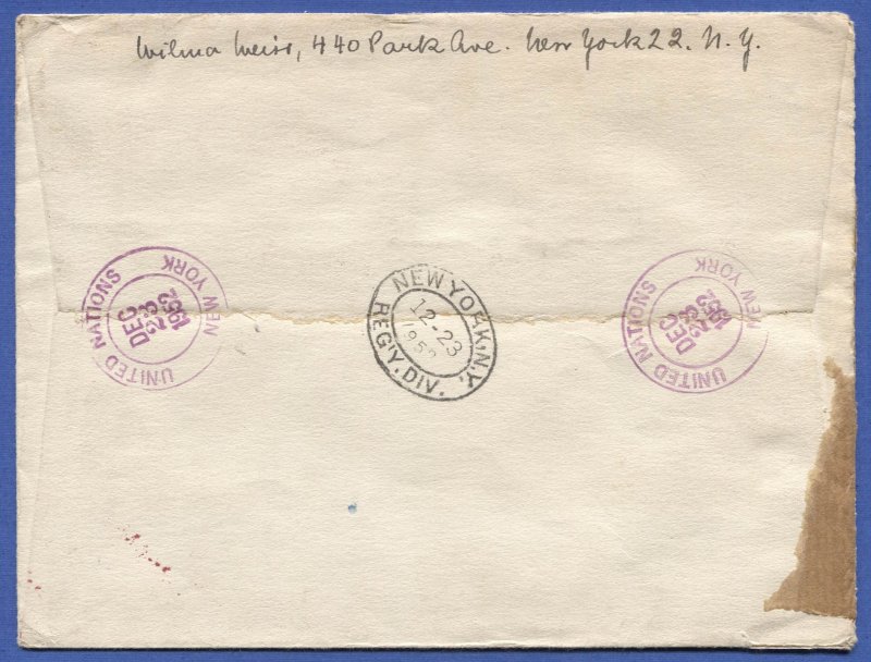 US 1952 United Nations 1st Issue on Registered Airmail Censored cover to Austria