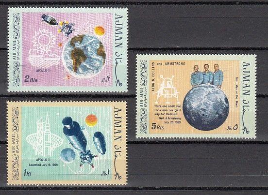 Ajman, Mi cat. 466-468 A. 1st Manned landing on the Moon issue.