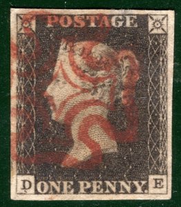 GB PENNY BLACK 1840 QV Stamp SG.2 1d Plate 3 (DE) Used Red MX Cat £500- BRRED26 