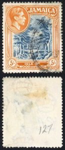 Jamaica SG132a 5/- Slate Blue and Yellow-orange Line Perf 14 Fine used Cat 275