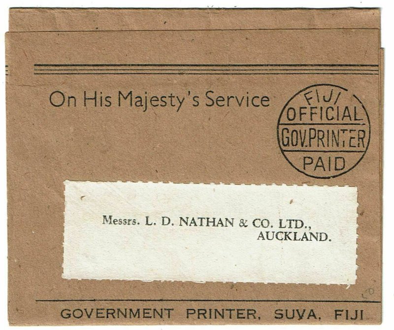 Fiji 1900's OHMS wrapper with pre-printed Fiji Official Gov. Printer Paid