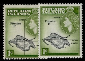 PITCAIRN ISLANDS QEII SG19 + 19a, 1d SHADE VARIETIES, M MINT. Cat £25.