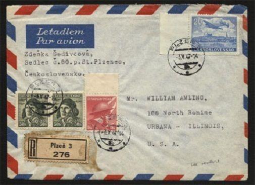 CZECHOSLOVAKIA 1947 airmail cover to USA - cinderellas on reverse..........70029