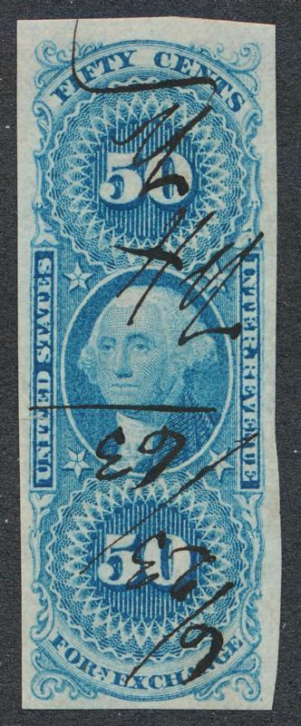 U.S. R56a USED 50c BLUE FOREIGN EXCHANGE IMPERF VF