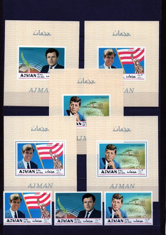AJMAN 1969 FAMOUS PEOPLE BROTHERS KENNEDY SET OF 3 STAMPS & 5 S/S MNH