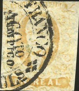 J) 1856 MEXICO, HIDALGO, UN REAL YELLOW, TAMPICO DISTRICT, PLATE II, CIRCULAR CA 