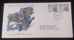 EL)1977 SWEDEN, WORLD WILDLIFE FUND, WWF, OWL, CIRCULATED TO NEW YORK - USA, FDC