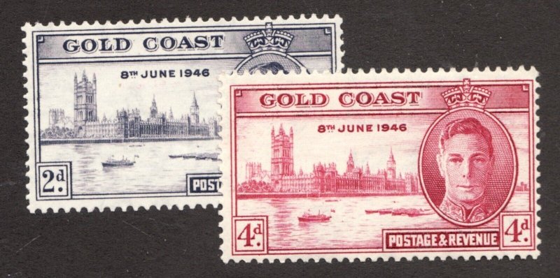 1946 Gold Coast Sc# 128a-129a (pf. 13½x14) KGVI, Peace Issue. MH stamp set Cv$30