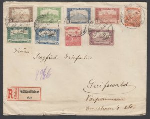 Hungary Sc 119,123,185,186,189 on 1920 Cover, Pestszentlorincz to Greifswald GER