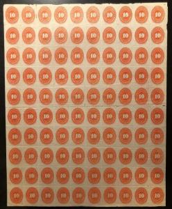 MEXICO 1892 NUMERALS Sc 225 ORANGE FULL SHEET OF 100 MINT/MNH F,VF SCV$2,750++