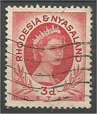 RHODESIA & NYASALAND, 1954, used 3p, Queen Elizabeth II, Scott 144