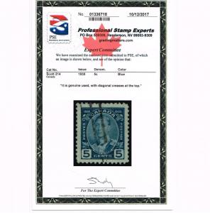 GENUINE CANADA SCOTT #214 USED PSE CERT 1935 PRINCE OF WALES - ESTATE SALE