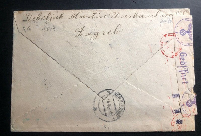 1943 Zagreb Croatia Germany State Registered Censored Cover To Neustadt