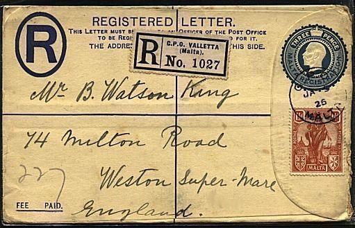 MALTA 1926 uprated 3d reg envelope used Valetta to UK...........19215