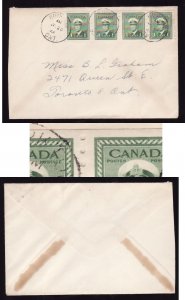 Canada-cover-1c KGVI perf 8 coil jump strip of 4-[263i]-Huron cty-Kirkton,Ont-J