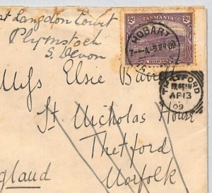 Australia TASMANIA Cover *GOVERNMENT HOUSE* 1909 Thetford Squared Circle ZK164