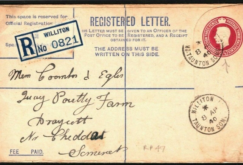 GB Cover KGVI Registered Postal Stationery RP47(G) Williton Somerset 1940 40c.15