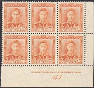 NEW ZEALAND GVI 2d plate block # 145 MNH....................................4135