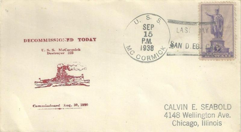 1938 USS McCORMICK DD 223 Destroyer First DECOMMISSIONING Naval Cover (TA2159...