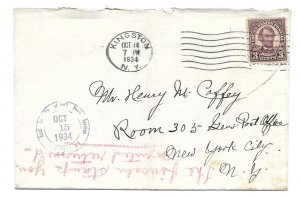 Kingston, New York to NY City GPO 1934, USPOD Double Circle Date Stamp