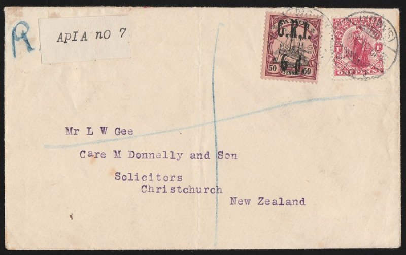 SAMOA 1914 Registered cover to New Zealand. GRI Yacht 6d. RARE! 