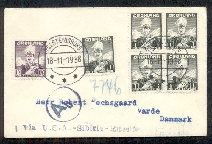 GREENLAND 1938 Censored cover via U.S.A., Sibiria and Russia to DENMARK, VF