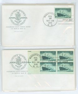 US 939-944 1946 single and blk of 4 FDCs with cachets. ALl cachets of same type and single/blk match (not all shown)