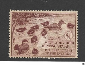 United States Scott RW8 1941 Duck Stamp, unused, trace thin? - 2019 cv $95