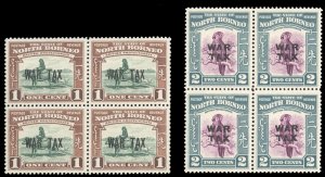 North Borneo #MR1-2 Cat$55, 1941 War Tax, set of two in blocks of four, never...