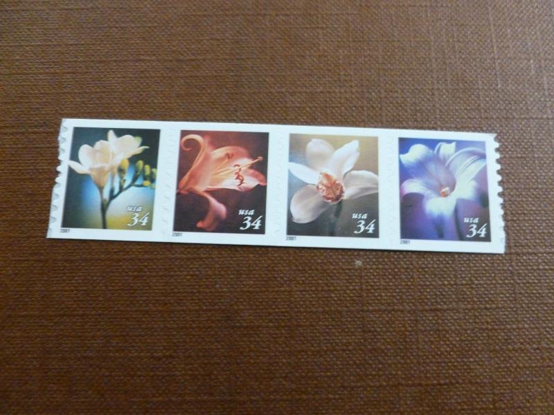 United States 3485 - 3488,  the 34 cent Flowers strip of 4 stamps from 2001 Mint