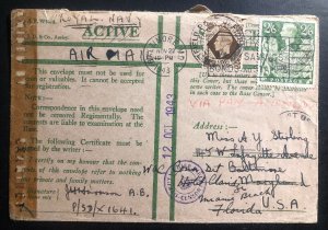 1953 British Field Post Royal Navy OAS Censored Cover To To Miami FL USA