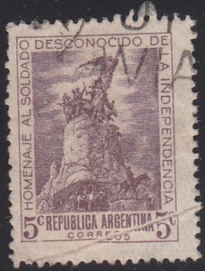 Argentina 1946 used Sc #550 5c Monument to Army Pre-print paper fold
