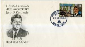 TURKS & CAICOS 457 FIRST DAY COVER CREASED BIN $2.50 KENNEDY